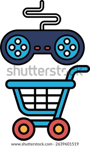 A blue shopping cart with a video game controller on top of it. The controller is a Nintendo Wii game controller