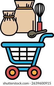 A blue shopping cart with a white background and a bunch of kitchen items. The cart is filled with a variety of items, including a bag, a bowl, a spoon, and a whisk