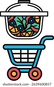 A blue shopping cart with a white lid and a white bowl of salad on top. The bowl is filled with a variety of vegetables including broccoli, carrots, and oranges
