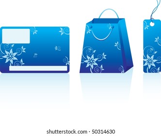 Blue shopping set. Many decorative elements. Isolated on a white background. Vector illustration (EPS8). All parts (object) closed, possibility to edit.