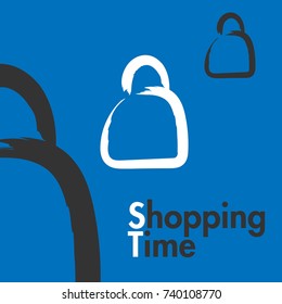Blue Shopping time banner concept - three painted shopping carts, one white shopping cart in the middle of  and two in black color