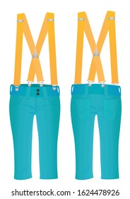 Blue short pants with orange suspenders. vector