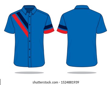 Blue Short Sleeve Uniforms Shirt Navy Blue and Red Lines Design Vector.Front And Back View.