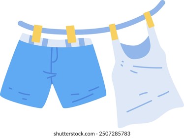 Blue shorts and white tank top hanging on a clothesline with yellow clothespins