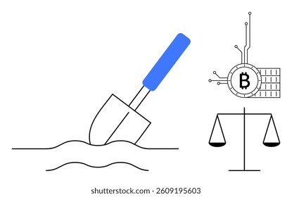 Blue shovel digging soil near Bitcoin symbol and circuit lines with balance scale. Ideal for cryptocurrency, mining, digital finance, blockchain, technology illustrations. Simple modern style