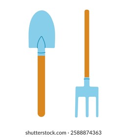 A blue shovel and a wooden fork are shown side by side. The shovel is blue and has a wooden handle
