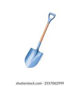 A blue shovel with a wooden handle is seen against a stark white backdrop. The shovel has a blue handle, and a blue blade