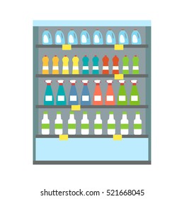 Blue showcase refrigerator for cooling drinks in bottles. Different colored bottles in blue drinks fridge. Fridge dispenser cooling machine. Isolated object in flat design on white background.