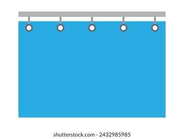 Blue shower curtain with metallic gray rod.