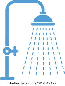Blue shower head with running water icon isolated on white background