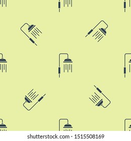 Blue Shower head with water drops flowing icon isolated seamless pattern on yellow background.  Vector Illustration