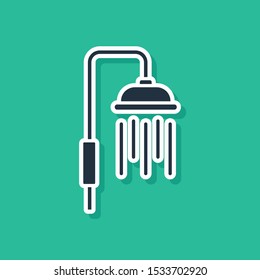 Blue Shower head with water drops flowing icon isolated on green background.  Vector Illustration