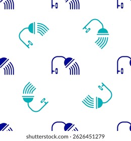 Cabezal de ducha azul con gotas de agua que fluyen icono aislado sin patrón sobre fondo blanco.  Vector