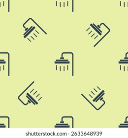 Blue Shower head with water drops flowing icon isolated seamless pattern on yellow background.  Vector