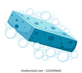 Blue shower sponge. Foam bubbles. Colorful bath icon. Flat vector illustration isolated on white background.