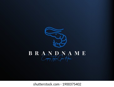 Blue shrimp logo design. Vector illustration of sea shrimp line art design. Vintage logo design vector line icon template