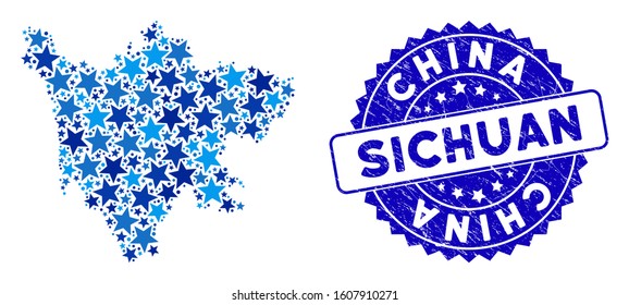 Blue Sichuan Province map composition of stars, and grunge rounded seal. Abstract territory scheme in blue color tinges. Vector Sichuan Province map is organized of blue stars.
