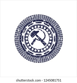 Blue sickle and hammer icon inside grunge stamp