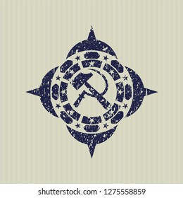 Blue sickle and hammer icon inside distress rubber grunge texture seal