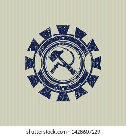 Blue sickle and hammer icon inside distress rubber grunge texture stamp