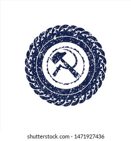 Blue sickle and hammer icon inside distress grunge stamp