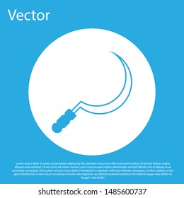 Blue Sickle icon isolated on blue background. Reaping hook sign. White circle button. Vector Illustration