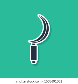 Blue Sickle icon isolated on green background. Reaping hook sign.  Vector Illustration