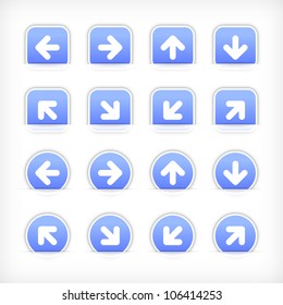 Blue sign arrow sticker on cut paper pocket. Web button blank satin circles and rounded square shapes with gray drop shadow on white background. This vector illustration design element saved 10 eps