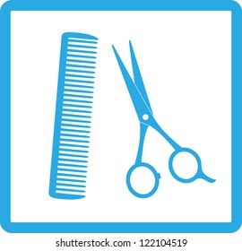 blue sign of barbershop with scissors and comb