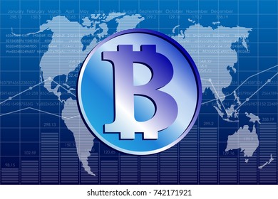 The blue sign of Bitcoin on the background of interlaced World map and stock charts.