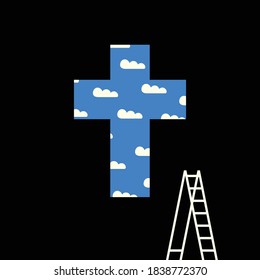 Blue Sign of the Christian cross with white clouds inside and step ladder on the black background. Decorative vector illustration, banner, religious symbol, icon, t-shirt design, print, design element