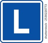 Blue Sign Driving Lesson. Vector Icon. Square Road Sign. L Sign Indicates Novice Driver in Training, Car Sticker. Driving School