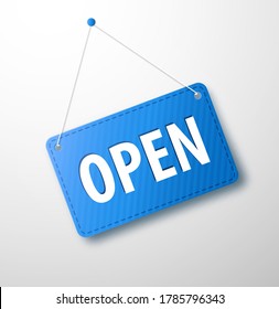 Blue sign Open with shadow isolated on transparent background. Signboard with a rope.