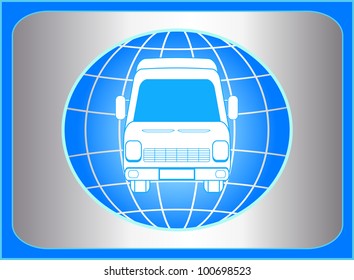 blue sign with planet and mini bus silhouette