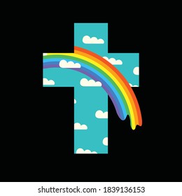 Blue Sign of the Religious cross with white clouds and rainbow on the black background. Creative vector illustration, religious symbol, icon, logo, emblem, t-shirt design, print, design element