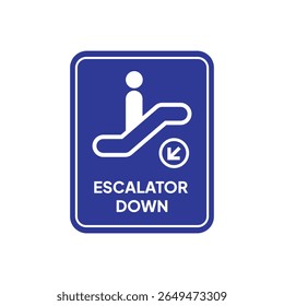 Um sinal azul com cantos arredondados exibe um pictograma branco de uma pessoa em uma escada rolante para baixo, rotulado "ESCALADORA PARA BAIXO" em texto branco.