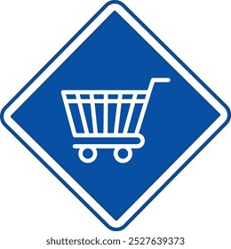 Blue Sign With Shopping Cart. Vector Icon. Road Sign. Blue Diamond with Cart