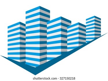 Blue sign with skyscrapers block. Vector illustration