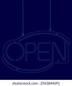 Blue sign that says Open. The sign is hanging from a blue background. The sign is illuminated and he is a neon sign