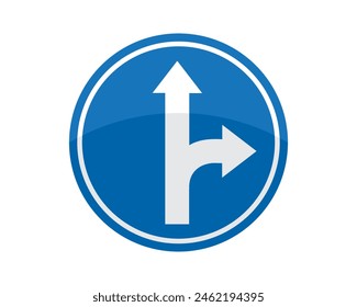 Signo azul con dos flechas de Ilustración vectorial. Símbolo, recto, derecha, giro, camino, carretera, aviso, cruce, autopista, precaución, tráfico, señal de tráfico. Se puede utilizar para infografía, Anuncio, póster, Diseño web.