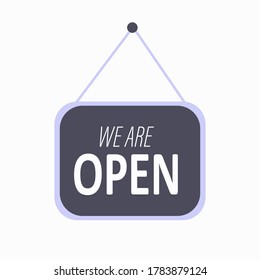 Blue sign We are open isolated on white background. Modern flat design for the door, restaurant, cafe and shop . Vector eps 10