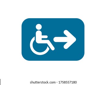 Blue sign with wheelchair and right arrow pointer, isolated on white background. Handicapped accessible entrance sign. Vector illustration, flat design.