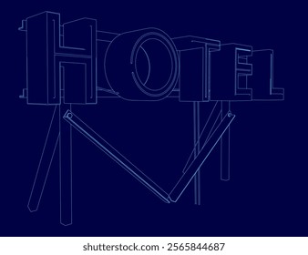 Blue sign with the word hotel written on it. The sign is in a stylized way, with the letters appearing to be drawn in a 3D format. Scene is artistic and creative