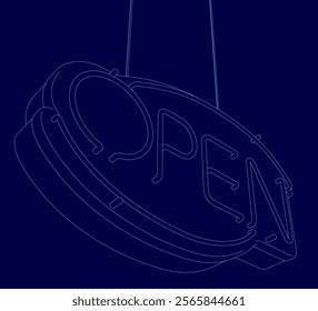 Blue sign with the word open written on it. The sign is hanging from a blue background