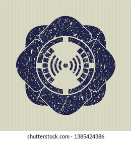 Blue signal icon inside rubber stamp with grunge texture
