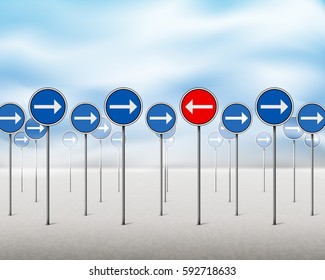 Blue Signs With Arrows Pointing In One Direction - One Red Sign Pointing In The Opposite Direction. Vector Illustration.