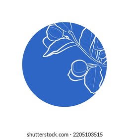 Blue silhouette of a bog bilberry branch in blue circle. Branch with leaves and berries. Vector illustration.