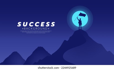 Blue silhouette of a businessman holding a flag on the top of the mountain. Business, success, and leadership concepts. Vector Illustration.