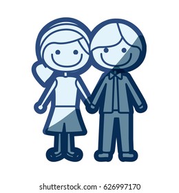 blue silhouette of caricature boy short hair and female side hairstyle with taken hands vector illustration