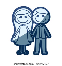 blue silhouette of caricature couple in formal suit and her in dress with taken hands vector illustration